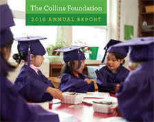 Cover of The Collins Foundation 2016 annual report with five young children coloring in graduation caps and gowns